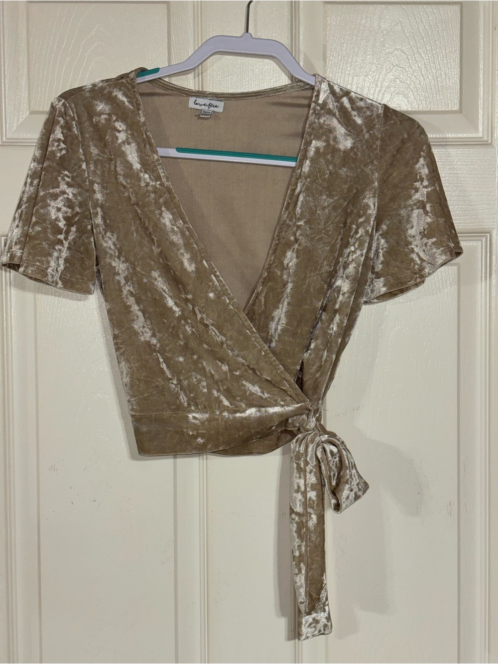 love, Fire Taupe Crushed Velvet Wrap Crop Top